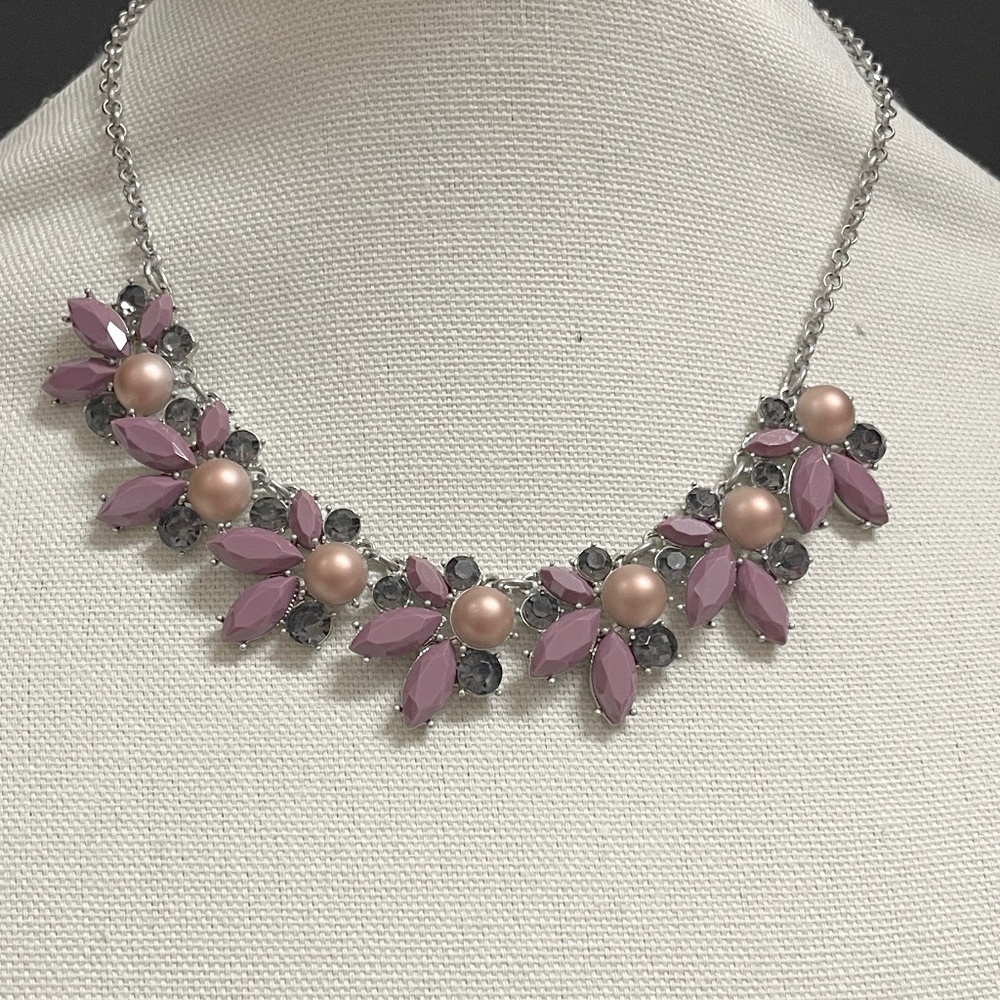 Vintage Loft Signed Necklace Pink and Lilac Flower Bead Blue Rhinestones